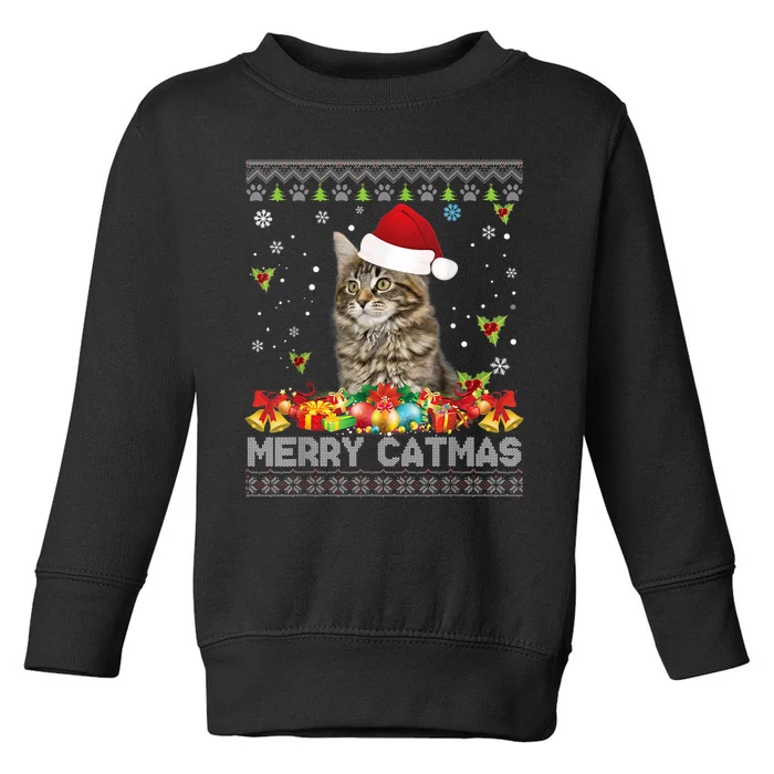 Merry Catmas Maine Coon Cat Ugly Sweater Christmas Santa Toddler Sweatshirt