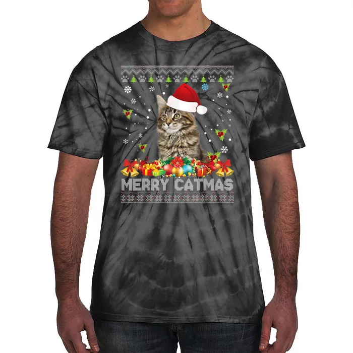 Merry Catmas Maine Coon Cat Ugly Sweater Christmas Santa Tie-Dye T-Shirt