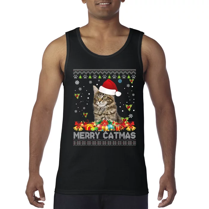 Merry Catmas Maine Coon Cat Ugly Sweater Christmas Santa Tank Top