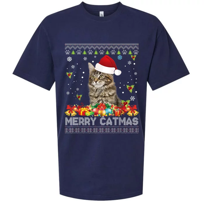 Merry Catmas Maine Coon Cat Ugly Sweater Christmas Santa Sueded Cloud Jersey T-Shirt