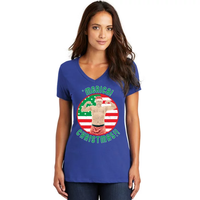 Merica Christmas Murica Usa America American Flag Santa Dad Great Gift Women's V-Neck T-Shirt