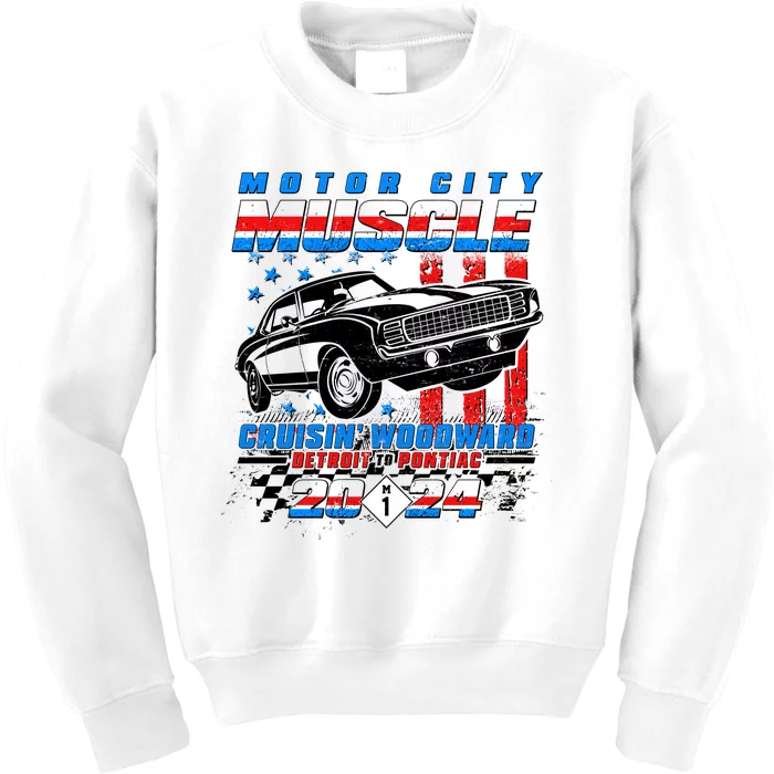 Motor City Muscle Cruisin Woodward Detroit To Pontiac 2024 Kids Sweatshirt