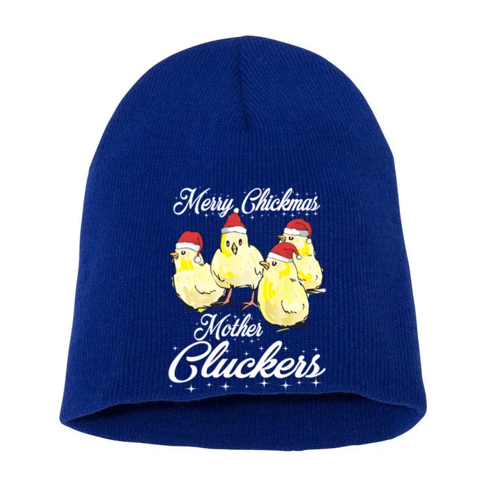 Merry Chickmas Mother Cluckers Chicks Santa Hats Tee Gift Short Acrylic Beanie