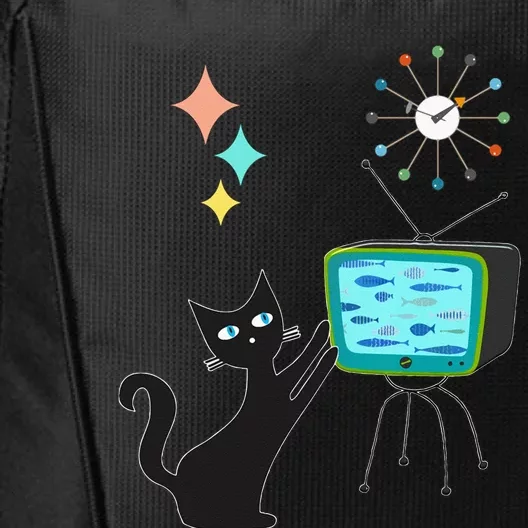 Mid Century Modern Retro Atomic Funny Cat With Fish TV City Backpack