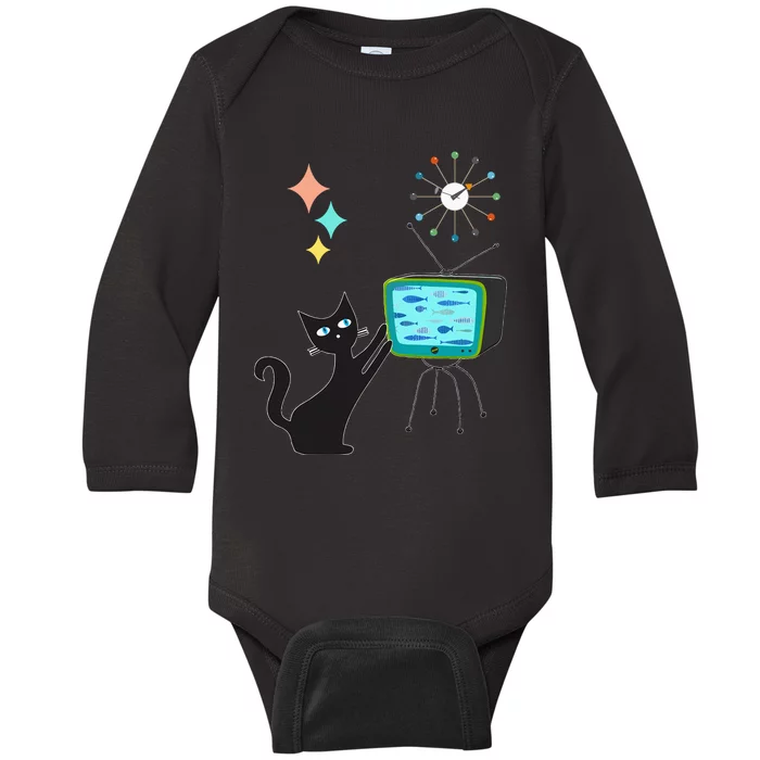 Mid Century Modern Retro Atomic Funny Cat With Fish TV Baby Long Sleeve Bodysuit