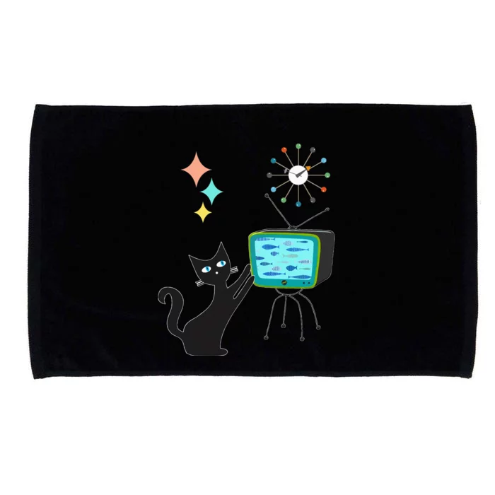 Mid Century Modern Retro Atomic Funny Cat With Fish TV Microfiber Hand Towel