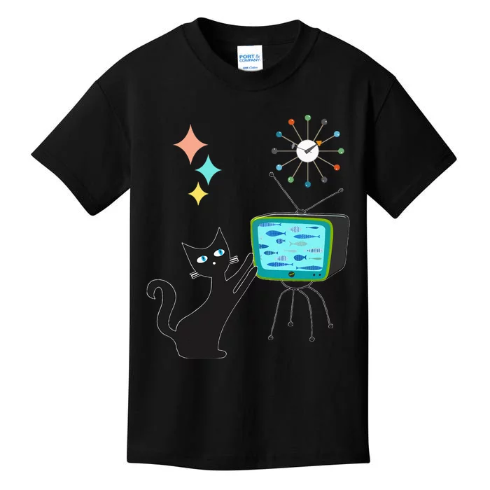 Mid Century Modern Retro Atomic Funny Cat With Fish TV Kids T-Shirt