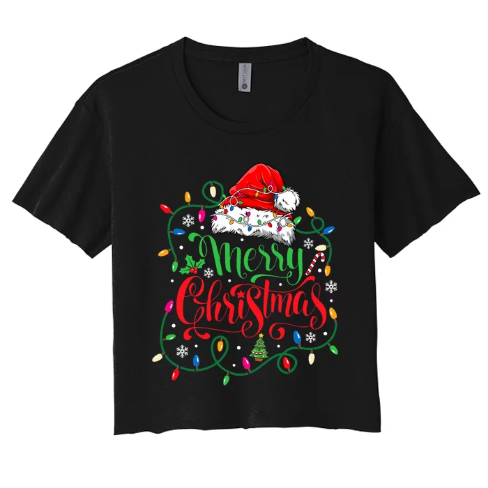 Merry Christmas Matching Family Santa Hat Lights Xmas Women's Crop Top Tee