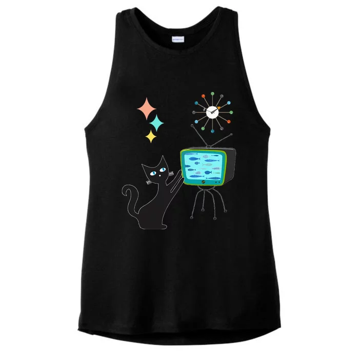 Mid Century Modern Retro Atomic Funny Cat With Fish TV Ladies Tri-Blend Wicking Tank