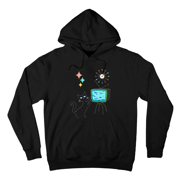 Mid Century Modern Retro Atomic Funny Cat With Fish TV Hoodie