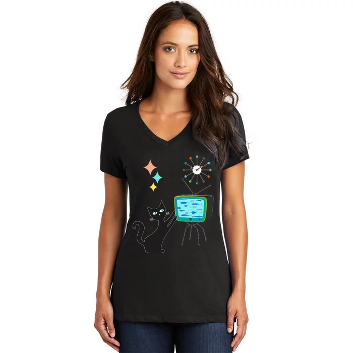 Mid Century Modern Retro Atomic Funny Cat With Fish TV Women's V-Neck T-Shirt