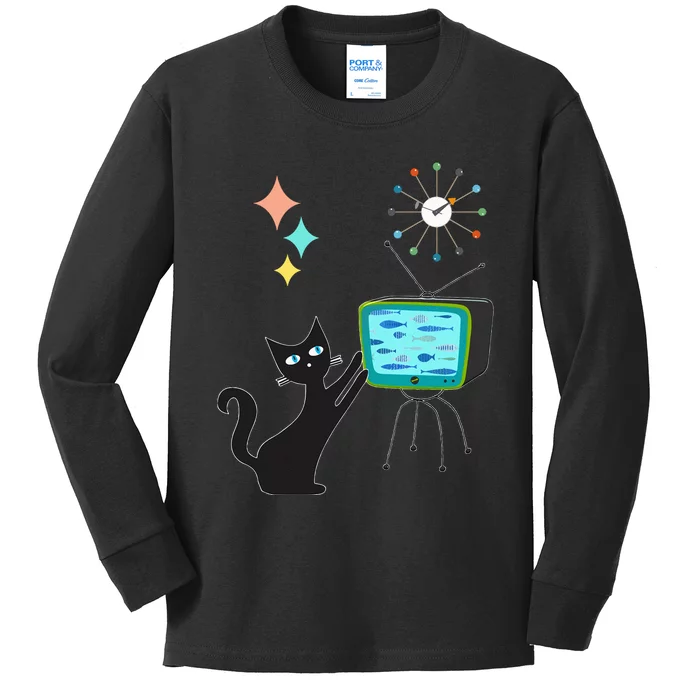 Mid Century Modern Retro Atomic Funny Cat With Fish TV Kids Long Sleeve Shirt