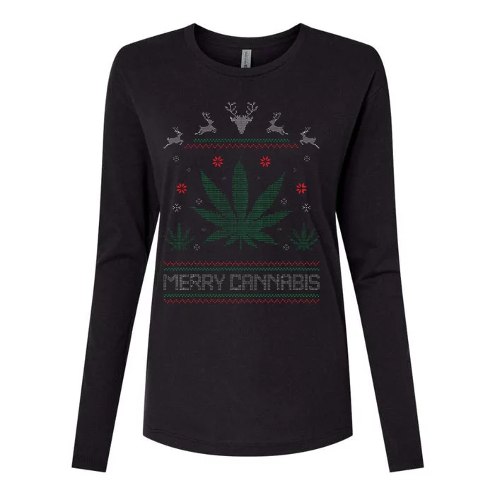 Merry Cannabis Marijuana Ugly Christmas Sweater Stoner Womens Cotton Relaxed Long Sleeve T-Shirt