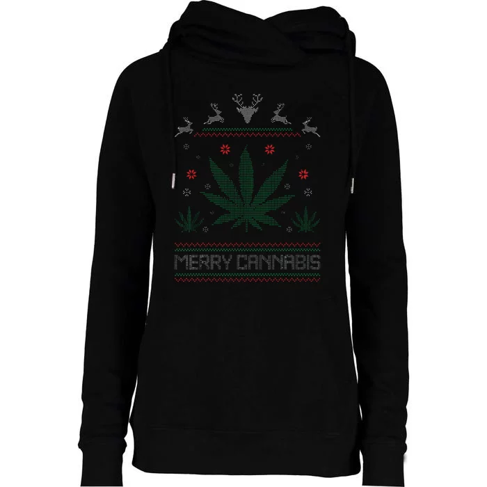 Merry Cannabis Marijuana Ugly Christmas Sweater Stoner Womens Funnel Neck Pullover Hood