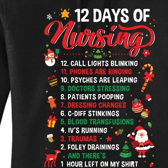 Merry Christmas Nurse Xmas 12 Days Of Nursing Pajamas Women Women's Pullover Hoodie