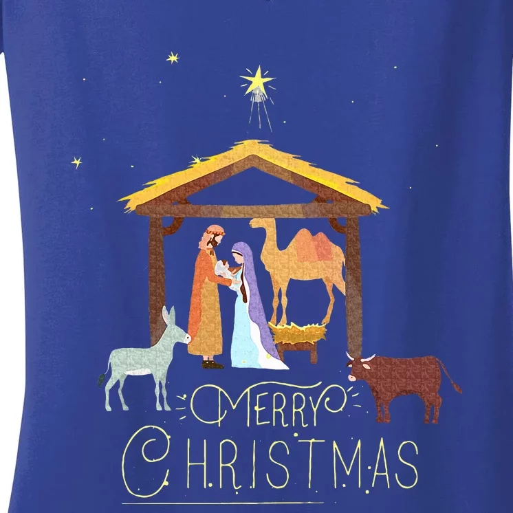 Merry Christmas  Nativity Scene North Star  Baby Jesus Women's V-Neck T-Shirt