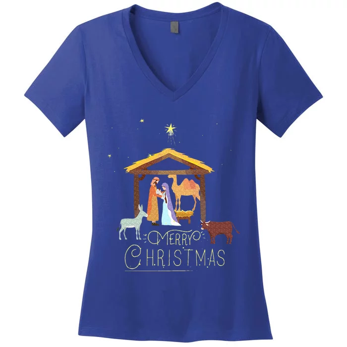 Merry Christmas  Nativity Scene North Star  Baby Jesus Women's V-Neck T-Shirt