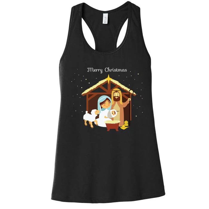 Merry Christmas Nativity Scene Christian Faith Holiday Women's Racerback Tank