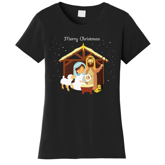 Merry Christmas Nativity Scene Christian Faith Holiday Women's T-Shirt