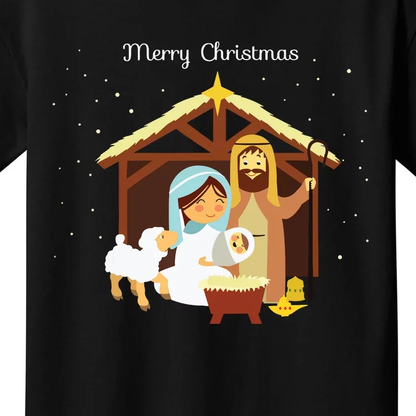 Merry Christmas Nativity Scene Christian Faith Holiday Kids T-Shirt