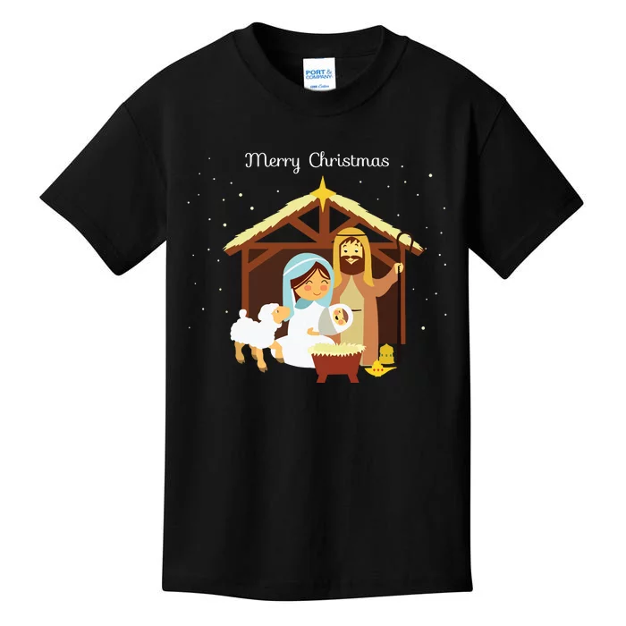 Merry Christmas Nativity Scene Christian Faith Holiday Kids T-Shirt