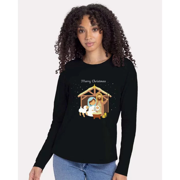 Merry Christmas Nativity Scene Christian Faith Holiday Womens Cotton Relaxed Long Sleeve T-Shirt