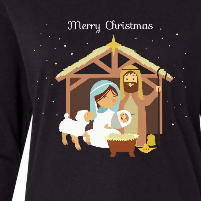 Merry Christmas Nativity Scene Christian Faith Holiday Womens Cotton Relaxed Long Sleeve T-Shirt