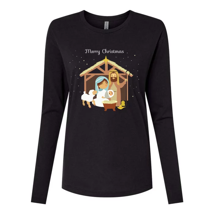 Merry Christmas Nativity Scene Christian Faith Holiday Womens Cotton Relaxed Long Sleeve T-Shirt