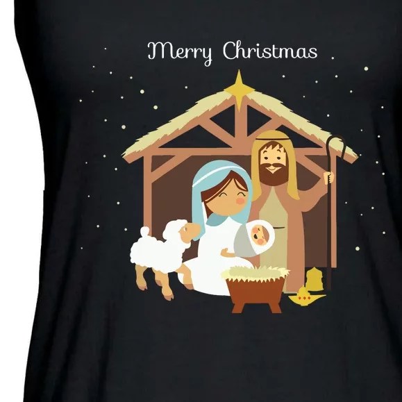 Merry Christmas Nativity Scene Christian Faith Holiday Ladies Essential Flowy Tank