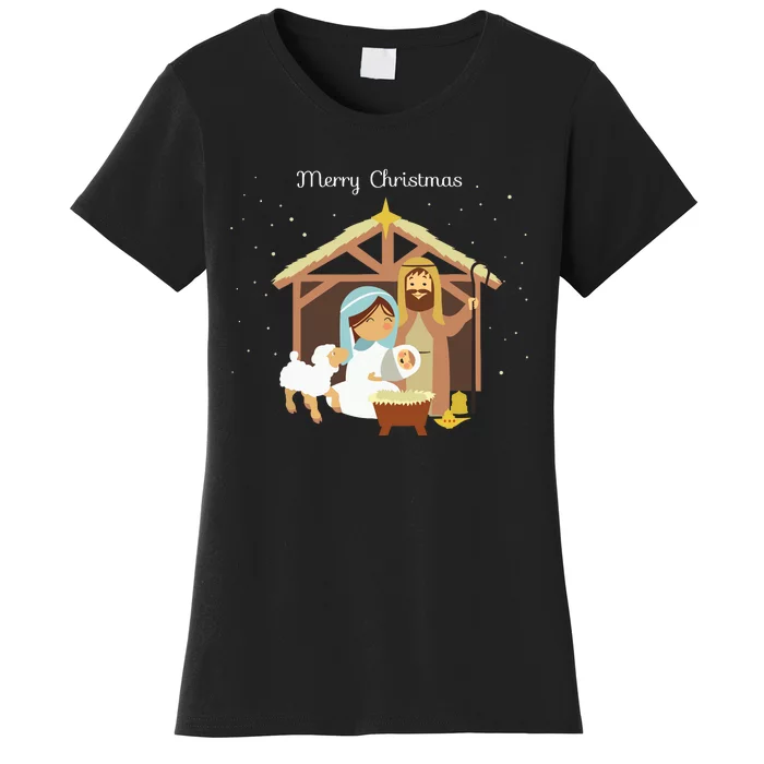 Merry Christmas Nativity Scene Christian Faith Holiday Women's T-Shirt