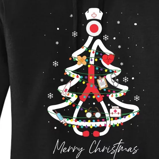 Merry Christmas Nurse Stethoscope Tree Lights Women's Pullover Hoodie