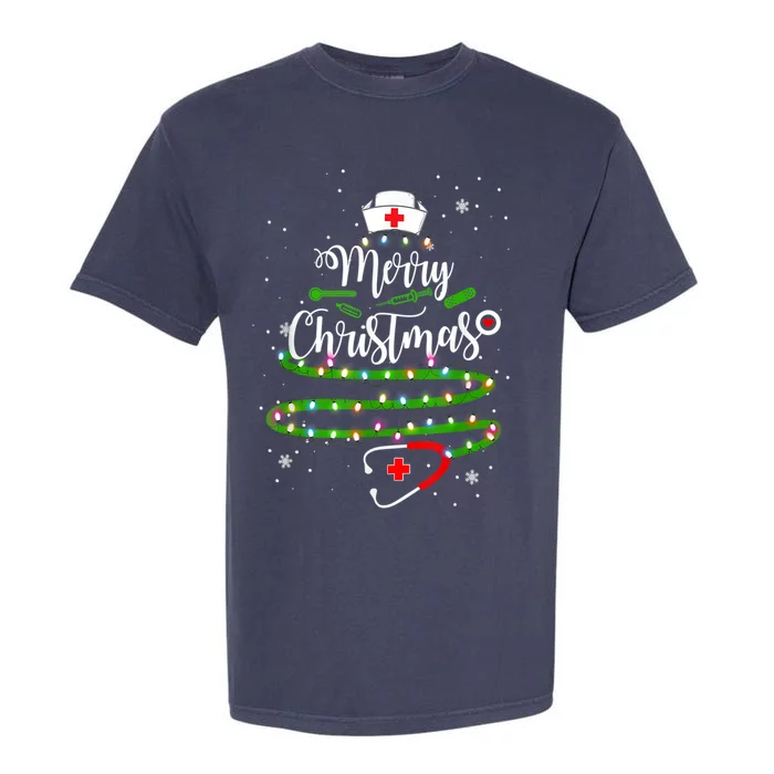 Merry Christmas Nurse Funny Xmas Tree Lights Stethoscope Great Gift Garment-Dyed Heavyweight T-Shirt