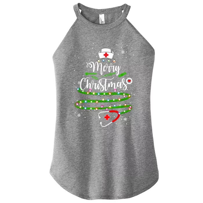 Merry Christmas Nurse Funny Xmas Tree Lights Stethoscope Great Gift Women’s Perfect Tri Rocker Tank