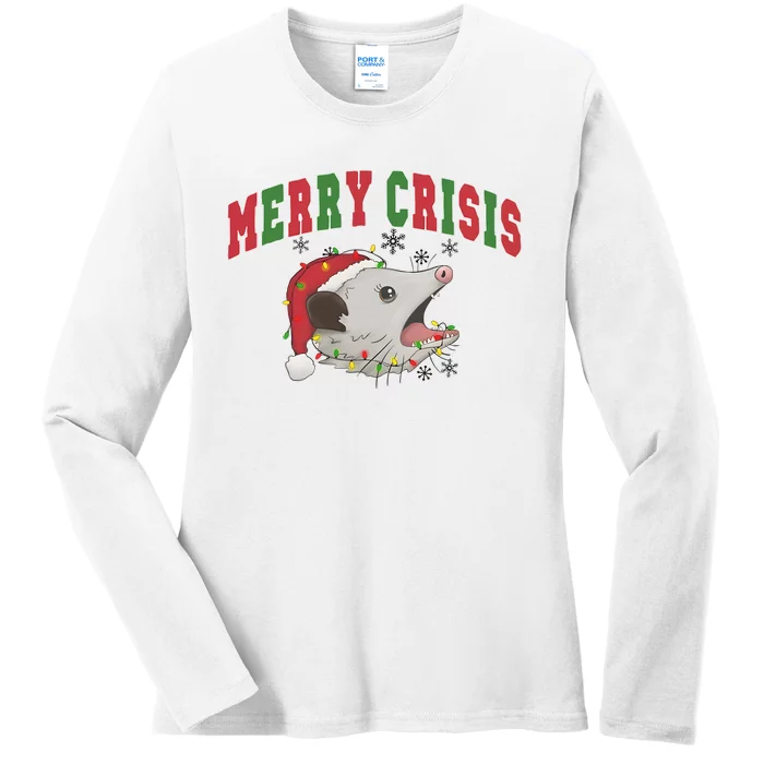 Merry Crisis Opossum Funny Christmas Ladies Long Sleeve Shirt