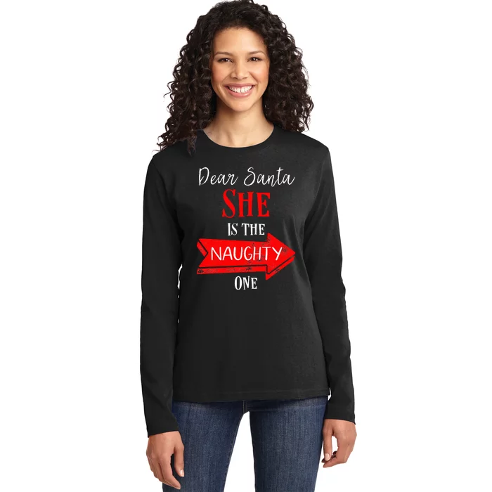 Matching Christmas Outfit For Couples SheS The Naughty One Ladies Long Sleeve Shirt