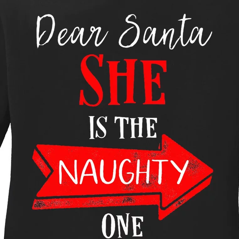 Matching Christmas Outfit For Couples SheS The Naughty One Ladies Long Sleeve Shirt