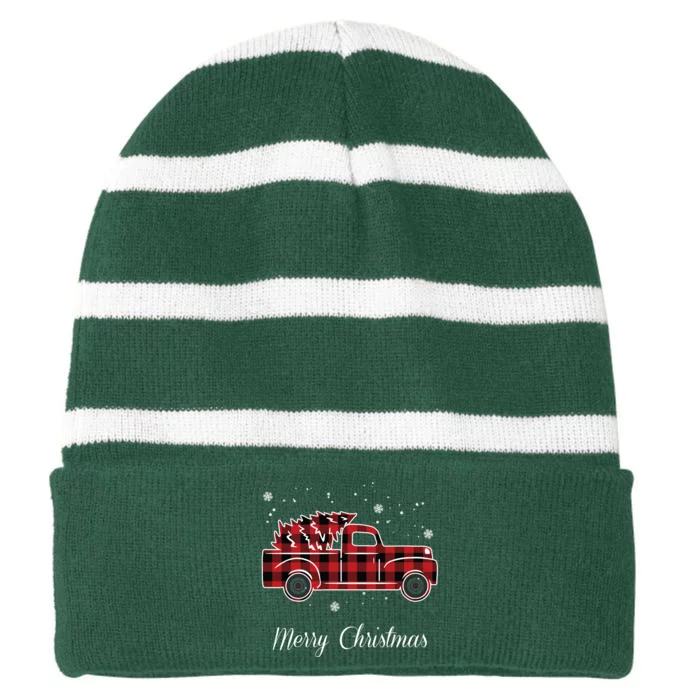 Merry Christmas Old Fashion Pick Up Truck Tree Striped Beanie with Solid Band