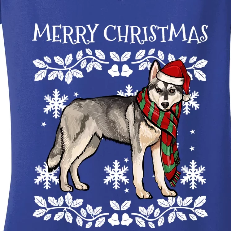 Merry Christmas Ornat Siberian Husky Xmas Santa Cute Gift Women's V-Neck T-Shirt