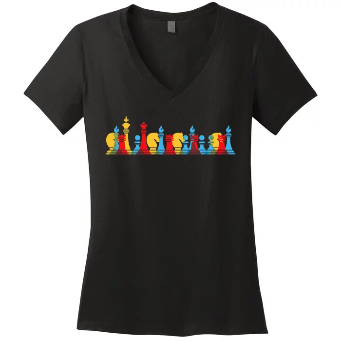 Multicolored Chess Pieces Thinking Smart Gift Women's V-Neck T-Shirt