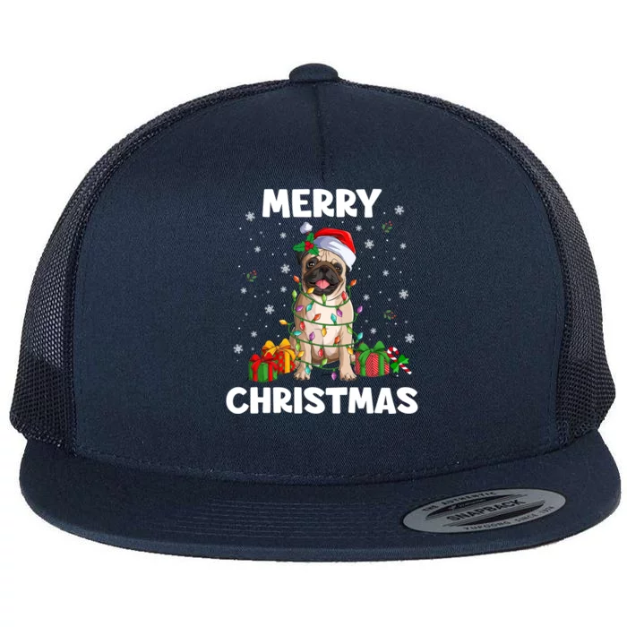 Merry Christmas Pug Tree Lights Xmas Family Gift Flat Bill Trucker Hat