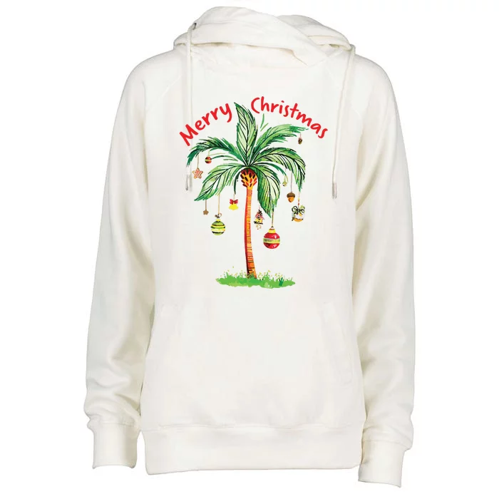 Merry Christmas Palm Tree Hawaii Hawaiian Tropical Christmas Womens Funnel Neck Pullover Hood