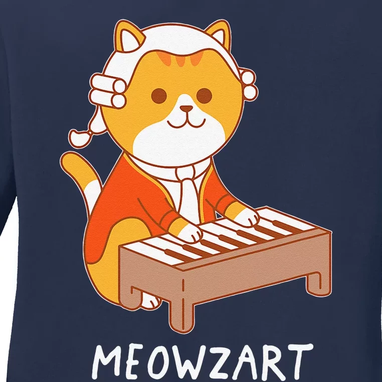 Meowzart Cat Pun Classical Music Piano Funny Ladies Long Sleeve Shirt