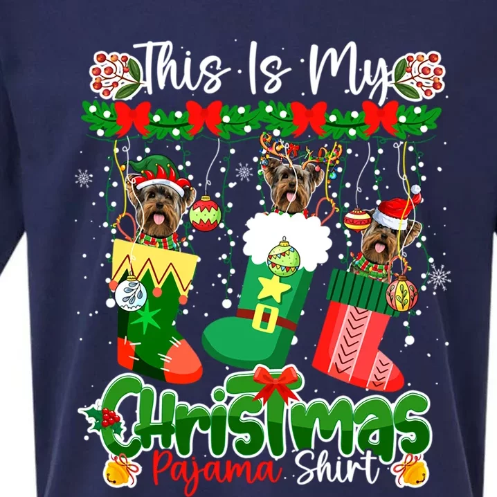 My Christmas Pajama Gift Santa Yorkshire Terriers In Socks Gift Sueded Cloud Jersey T-Shirt