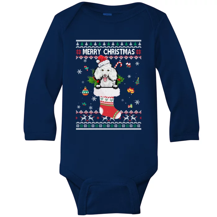 Merry Christmas Poodle In Sock Dog Funny Ugly Xmas Gift Baby Long Sleeve Bodysuit