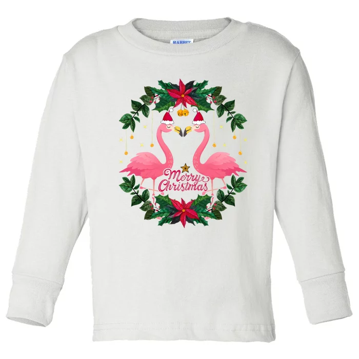 Merry Christmas Pink Flamingo Toddler Long Sleeve Shirt