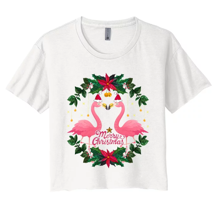 Merry Christmas Pink Flamingo Women's Crop Top Tee