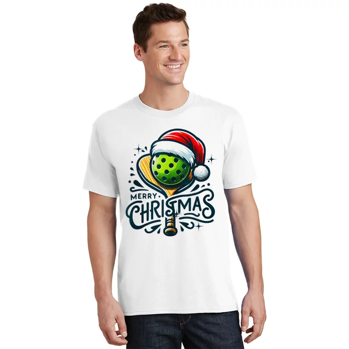 Merry Christmas Pickleball Pickle Ball and Paddle Santa Hat T-Shirt