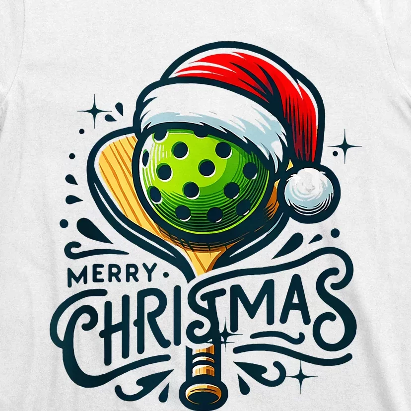 Merry Christmas Pickleball Pickle Ball and Paddle Santa Hat T-Shirt