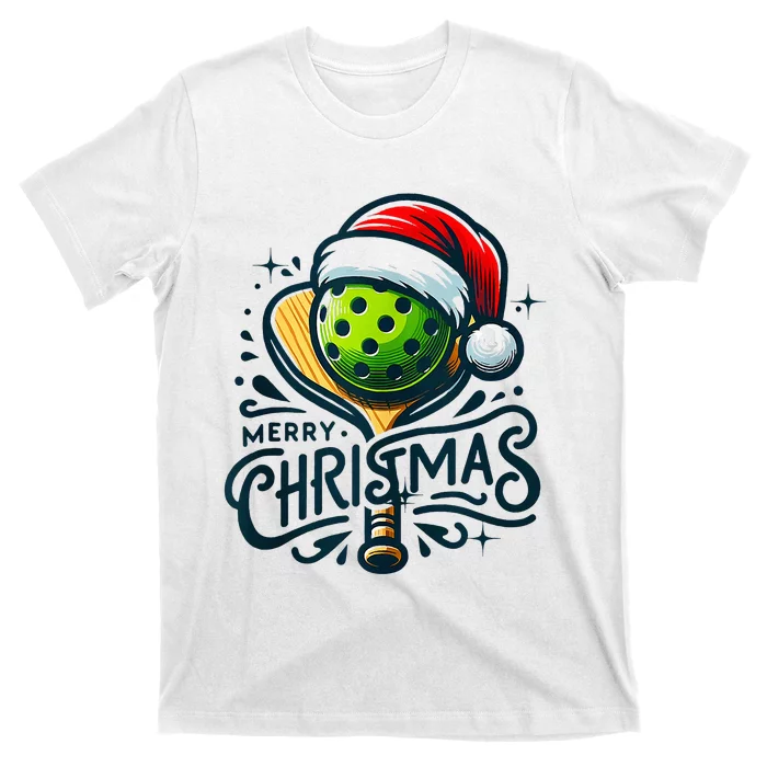 Merry Christmas Pickleball Pickle Ball and Paddle Santa Hat T-Shirt