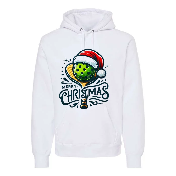 Merry Christmas Pickleball Pickle Ball and Paddle Santa Hat Premium Hoodie